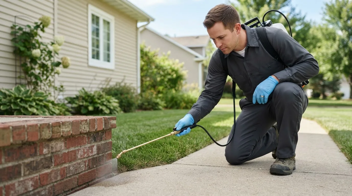 Pest control technician treating a home near Leonidas, MI
