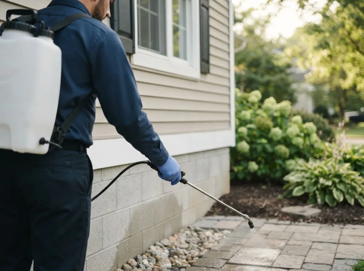 Pest control technician inspecting a home in Leonidas, MI